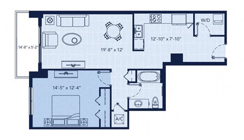 Floor plan for 1 bed, 1 bath, 840 sqft